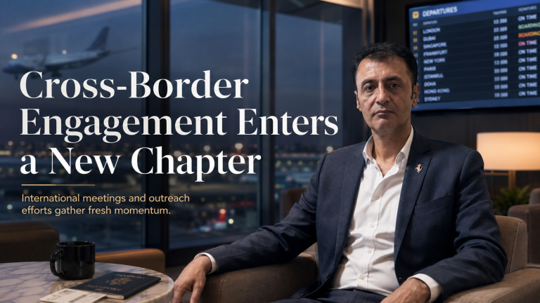 A formally dressed academic leader seated in an international airport lounge, representing cross-border engagement, global outreach and institutional cooperation.